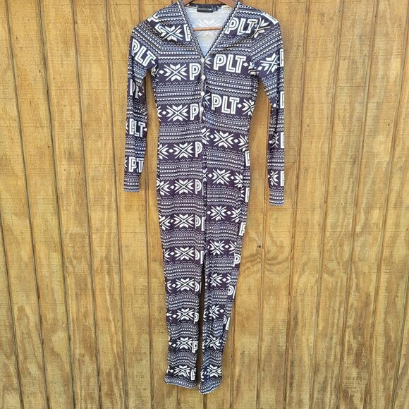 Pretty Little Thing Fair Isle Black One Piece Button Up Unionsuit Womens Size 6 - Picture 1 of 8